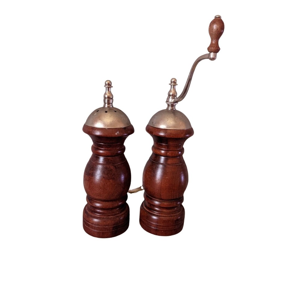 Vintage Kimco Wood Salt Shaker and Pepper Mill Set Dark Brown Taiwan Hand Crank